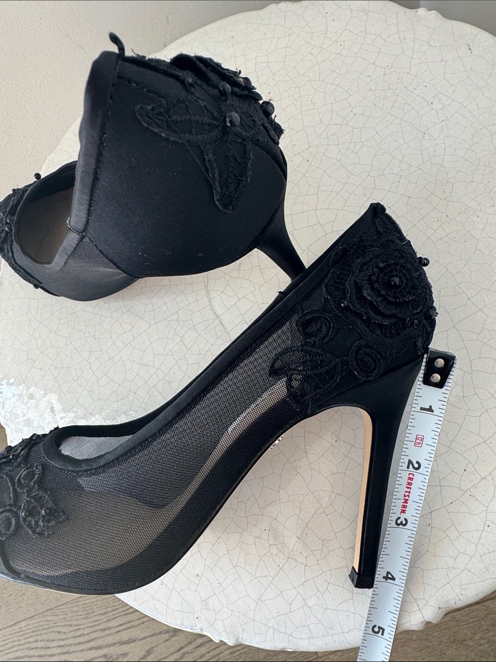 Nina DONELA Black Floral Appliqué Pointed-Toe Mesh Pumps Stiletto Heels Size 7.5 - Picture 7 of 12